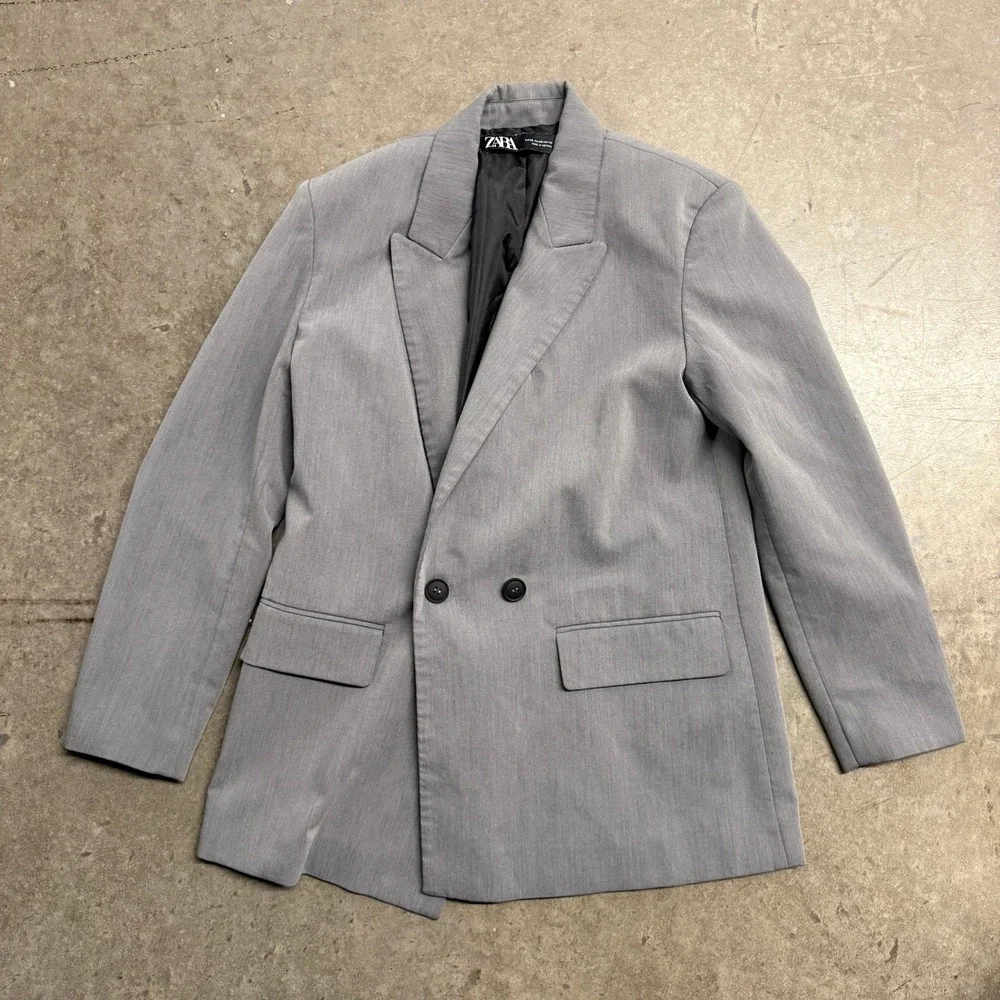 Zara Man Gray Double Breasted Blazer Jacket Peak Lapel Size XS